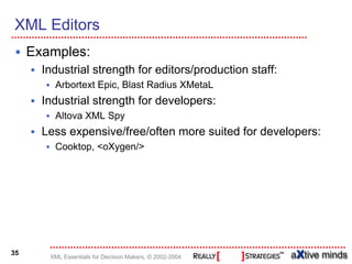 XML Editors
     Examples:
       Industrial strength for editors/production staff:
         Arbortext Epic, Blast Radius XMetaL
       Industrial strength for developers:
         Altova XML Spy
       Less expensive/free/often more suited for developers:
         Cooktop, <oXygen/>




35
        XML Essentials for Decision Makers, © 2002-2004
 