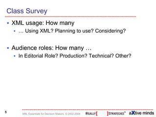 Class Survey
    XML usage: How many
      … Using XML? Planning to use? Considering?


    Audience roles: How many …
      In Editorial Role? Production? Technical? Other?




5
       XML Essentials for Decision Makers, © 2002-2004
 