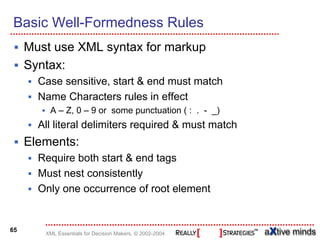 Basic Well-Formedness Rules
     Must use XML syntax for markup
     Syntax:
       Case sensitive, start & end must match
       Name Characters rules in effect
         A – Z, 0 – 9 or some punctuation ( : . - _)
       All literal delimiters required & must match
     Elements:
       Require both start & end tags
       Must nest consistently
       Only one occurrence of root element


65
        XML Essentials for Decision Makers, © 2002-2004
 