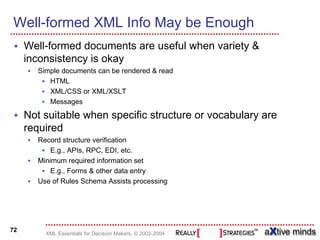 Well-formed XML Info May be Enough
     Well-formed documents are useful when variety &
     inconsistency is okay
        Simple documents can be rendered & read
           HTML
           XML/CSS or XML/XSLT
           Messages

     Not suitable when specific structure or vocabulary are
     required
        Record structure verification
            E.g., APIs, RPC, EDI, etc.
        Minimum required information set
            E.g., Forms & other data entry
        Use of Rules Schema Assists processing




72
          XML Essentials for Decision Makers, © 2002-2004
 