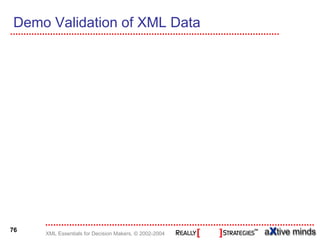Demo Validation of XML Data




76
     XML Essentials for Decision Makers, © 2002-2004
 