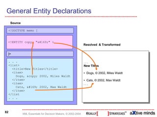 General Entity Declarations
      Source

     <!DOCTYPE memo [


 <!ENTITY copy           "©" >
                                                                 Resolved & Transformed


 ]>

     . . .                                                       . .. .. .
     <list>                                                      New Titles
                                                                   New Titles
       <title>New Titles</title>
       <item>                                                    • • Dogs, © 2002, Miles Waldt
                                                                      Dogs, © 2002, Miles Waldt
         Dogs, &copy; 2002, Miles Waldt
       </item>                                                   • • Cats, © 2002, Max Waldt
                                                                        Cats, © 2002, Max Waldt
       <item>                                                    . .. .. .
         Cats, © 2002, Max Waldt
       </item>
     </list
     . . .



82
               XML Essentials for Decision Makers, © 2002-2004
 