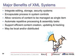 Major Benefits of XML Systems
     Integrate editing, storage, security systems
     Encapsulate process in system controls
     Allow versions of content to be managed as single item
     Automate repetitive processing & assembly tasks
     Support efficient content creation, updating & tracking
     May be local and/or distributed




84
          XML Essentials for Decision Makers, © 2002-2004
 