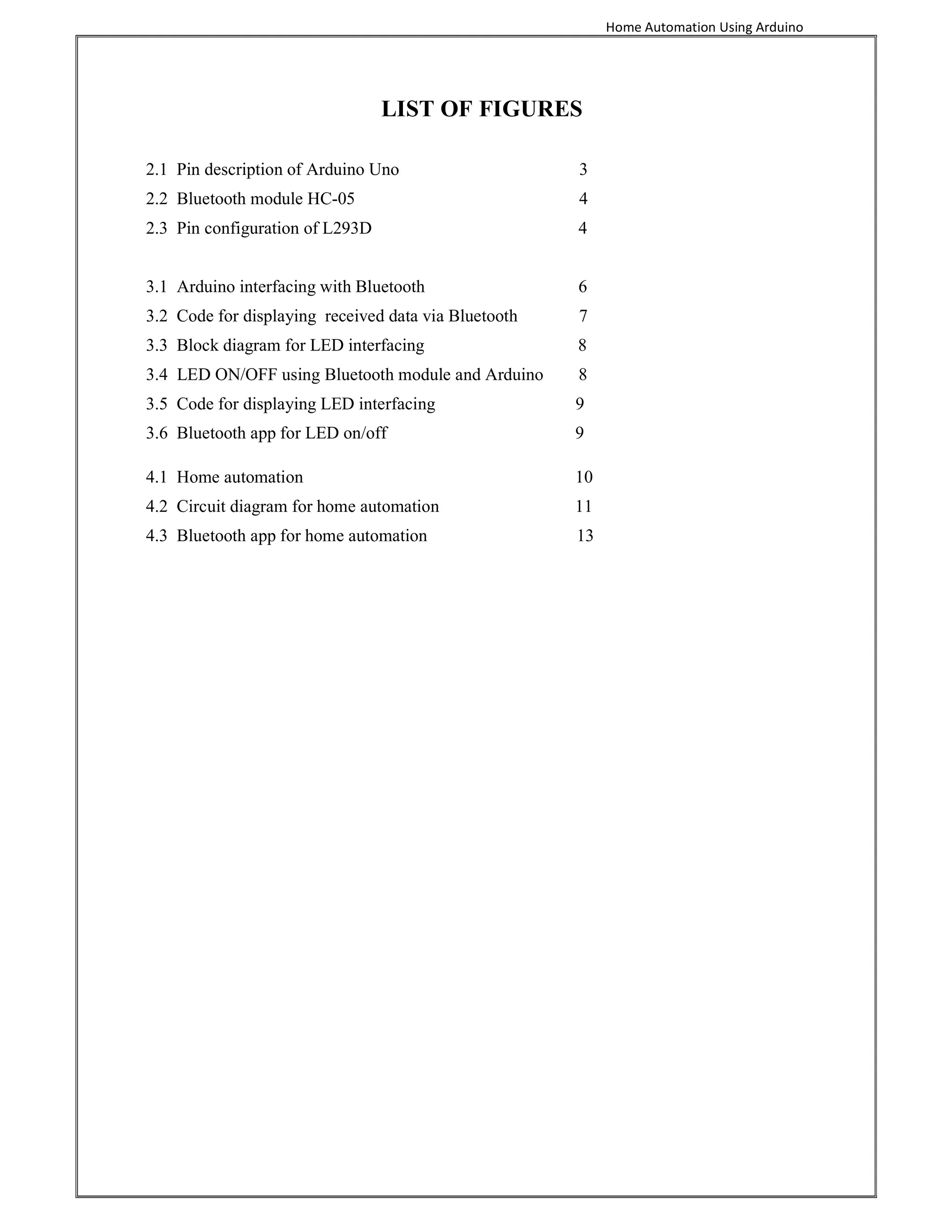 Home Automation Using Arduino
LIST OF FIGURES
2.1 Pin description of Arduino Uno 3
2.2 Bluetooth module HC-05 4
2.3 Pin configuration of L293D 4
3.1 Arduino interfacing with Bluetooth 6
3.2 Code for displaying received data via Bluetooth 7
3.3 Block diagram for LED interfacing 8
3.4 LED ON/OFF using Bluetooth module and Arduino 8
3.5 Code for displaying LED interfacing 9
3.6 Bluetooth app for LED on/off 9
4.1 Home automation 10
4.2 Circuit diagram for home automation 11
4.3 Bluetooth app for home automation 13
 
