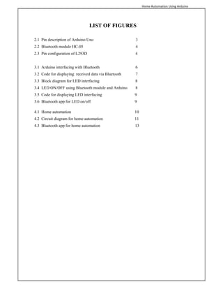 Home Automation Using Arduino
LIST OF FIGURES
2.1 Pin description of Arduino Uno 3
2.2 Bluetooth module HC-05 4
2.3 Pin configuration of L293D 4
3.1 Arduino interfacing with Bluetooth 6
3.2 Code for displaying received data via Bluetooth 7
3.3 Block diagram for LED interfacing 8
3.4 LED ON/OFF using Bluetooth module and Arduino 8
3.5 Code for displaying LED interfacing 9
3.6 Bluetooth app for LED on/off 9
4.1 Home automation 10
4.2 Circuit diagram for home automation 11
4.3 Bluetooth app for home automation 13
 