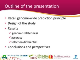 Outline of the presentation
• Recall genome-wide prediction principle
• Design of the study
• Results
 genomic relatedness
accuracy
selection differential
• Conclusions and perspectives
 
