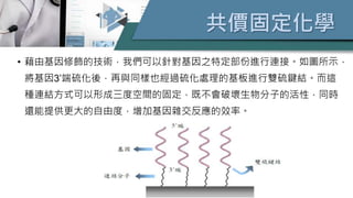 共價固定化學
• 藉由基因修飾的技術，我們可以針對基因之特定部份進行連接。如圖所示，
將基因3’端硫化後，再與同樣也經過硫化處理的基板進行雙硫鍵結。而這
種連結方式可以形成三度空間的固定，既不會破壞生物分子的活性，同時
還能提供更大的自由度，增加基因雜交反應的效率。
 