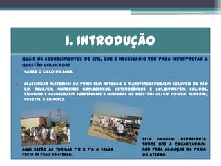 1. Introdução
     Quais os conhecimentos de CFQ, que é necessário ter para interpretar a
     questão colocada?
1.   Saber o ciclo da água;

2.   Classificar materiais da praia (em naturais e manufaturados/em solúveis ou não
     em água/em materiais homogéneos, heterogéneos e coloidais/em sólidos,
     líquidos e gasosos/em substâncias e misturas de substâncias/em origem mineral,
     vegetal e animal).




                                                       Esta imagem representa
                                                       todos nós a organizarmo-
     Aqui estão as turmas 7ºB e 7ºA a falar            nos para almoçar na praia
     perto da praia do Aterro.                         do Aterro.
 