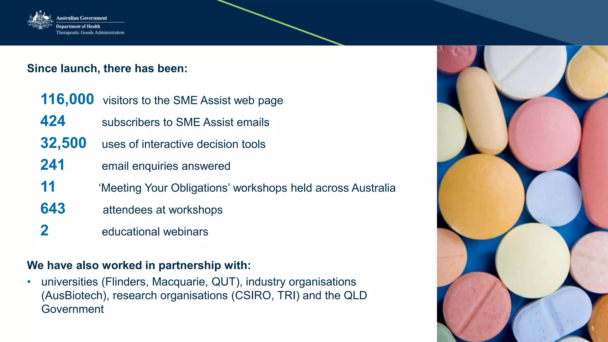 Since launch, there has been:
116,000 visitors to the SME Assist web page
424 subscribers to SME Assist emails
32,500 uses of interactive decision tools
241 email enquiries answered
11 ‘Meeting Your Obligations’ workshops held across Australia
643 attendees at workshops
2 educational webinars
We have also worked in partnership with:
• universities (Flinders, Macquarie, QUT), industry organisations
(AusBiotech), research organisations (CSIRO, TRI) and the QLD
Government
5
 