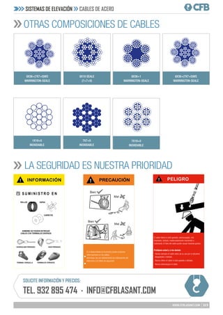 213
WWW.CFBLASANT.COM
8X36+(7X7+0)WS
WARRINGTON-SEALE
7X19+0
INOXIDABLE
8X19 SEALE
(7+7+0)
8X36+1
WARRINGTON-SEALE
1X19+0
INOXIDABLE
8X36+(7X7+0)WS
WARRINGTON-SEALE
7X7+0
INOXIDABLE
OTRAS COMPOSICIONES DE CABLES
SISTEMAS DE ELEVACIÓN CABLES DE ACERO
PELIGRO
El cable fallará si está gastado, sobrecargado, mal
empleado, dañado, inadecuadamente mantenido o
maltratado. El fallo del cable puede causar lesiones graves.
Protéjase usted y a los demás:
- Revise siempre el cable antes de su uso por si estuviera
desgastado o dañado.
- Nunca utilice el cable si está gastado o dañado.
- Nunca sobrecargue el cable.
Si el desenrollado es incorrecto puede ocasionar
deformaciones en los cables.
Infórmese: lea con detenimiento las indicaciones del
fabricante o el folleto de seguridad
PRECAUCIÓN
GAZA PRENSADA
GUARDACABO PRENSADO
TERMINAL HORQUILLA
INFORMACIÓN
LA SEGURIDAD ES NUESTRA PRIORIDAD
SOLICITE INFORMACIÓN Y PRECIOS:
TEL. 932 895 474 · INFO@CFBLASANT.COM
 