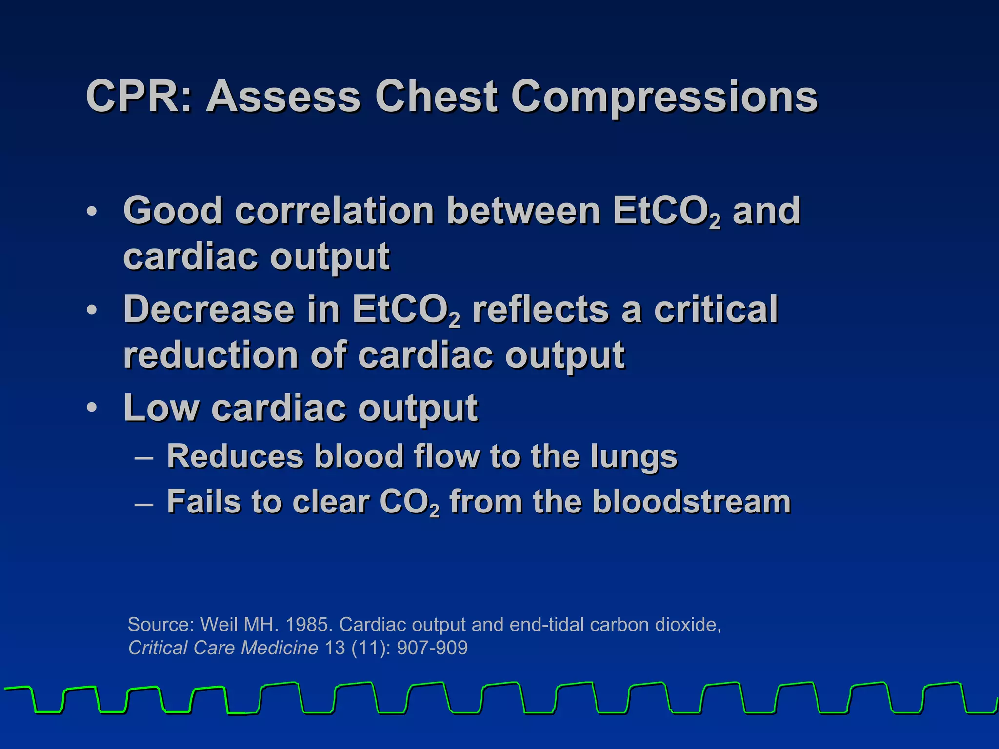 CPR: Assess Chest Compressions Good correlation between EtCO 2  and cardiac output Decrease in EtCO 2  reflects a critical reduction of cardiac output Low cardiac output  Reduces blood flow to the lungs Fails to clear CO 2  from the bloodstream Source: Weil MH. 1985. Cardiac output and end-tidal carbon dioxide,  Critical Care Medicine  13 (11): 907-909 