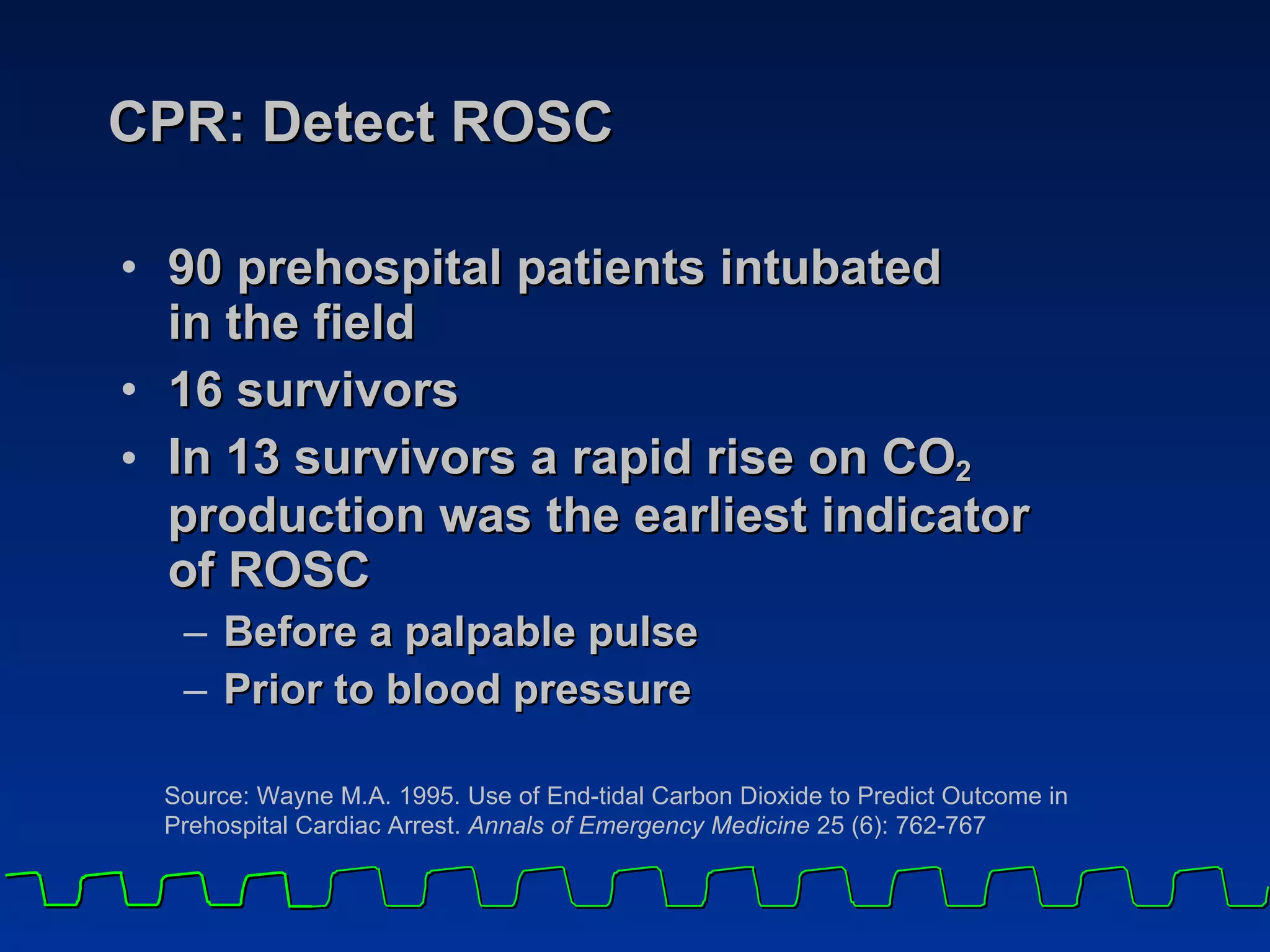 CPR: Detect ROSC 90 prehospital patients intubated  in the field 16 survivors In 13 survivors a rapid rise on CO 2  production was the earliest indicator  of ROSC Before a palpable pulse  Prior to blood pressure Source: Wayne M.A. 1995. Use of End-tidal Carbon Dioxide to Predict Outcome in Prehospital Cardiac Arrest.  Annals of Emergency Medicine  25 (6): 762-767 