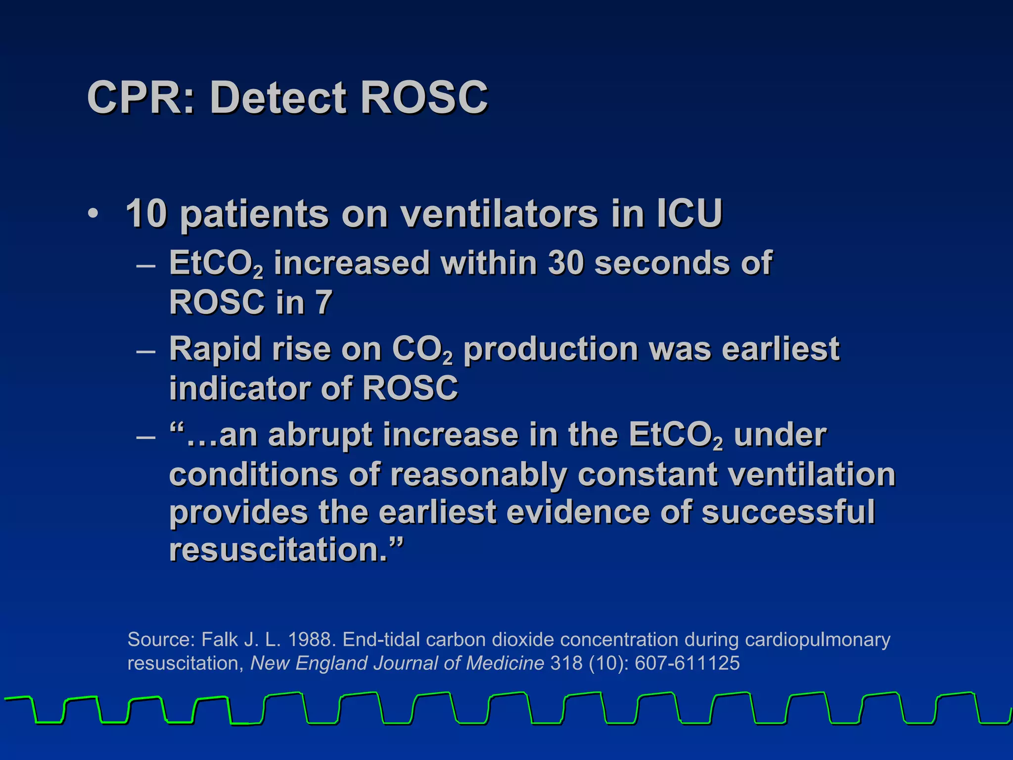 CPR: Detect ROSC 10 patients on ventilators in ICU EtCO 2  increased within 30 seconds of  ROSC in 7  Rapid rise on CO 2  production was earliest  indicator of ROSC “…an abrupt increase in the EtCO 2  under conditions of reasonably constant ventilation provides the earliest evidence of successful resuscitation.” Source: Falk J. L. 1988. End-tidal carbon dioxide concentration during cardiopulmonary resuscitation,  New England Journal of Medicine  318 (10): 607-611125 