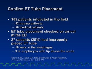 Confirm ET Tube Placement 108 patients intubated in the field 52 trauma patients 56 medical patients  ET tube placement checked on arrival  at the ED 27 patients (25%) had improperly  placed ET tube 18 were in the esophagus 9 in oropharynx with tip above the cords Source: Falk J., Sayre M.R. 1999. Confirmation of Airway Placement,  Prehospital Emergency Care 3: 273-278 