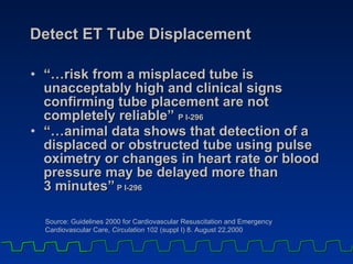 Detect ET Tube Displacement “…risk from a misplaced tube is unacceptably high and clinical signs confirming tube placement are not completely reliable”  P I-296   “…animal data shows that detection of a displaced or obstructed tube using pulse oximetry or changes in heart rate or blood pressure may be delayed more than  3 minutes”  P I-296 Source: Guidelines 2000 for Cardiovascular Resuscitation and Emergency  Cardiovascular Care,  Circulation  102 (suppl I) 8. August 22,2000 