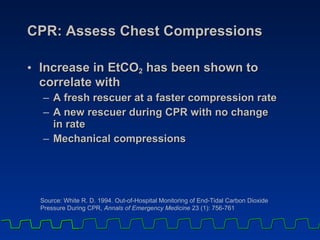CPR: Assess Chest Compressions Increase in EtCO 2  has been shown to correlate with A fresh rescuer at a faster compression rate A new rescuer during CPR with no change  in rate Mechanical compressions Source: White R. D. 1994. Out-of-Hospital Monitoring of End-Tidal Carbon Dioxide Pressure During CPR,  Annals of Emergency Medicine  23 (1): 756-761 