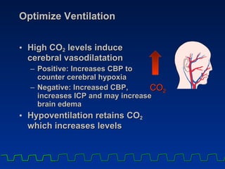 Optimize Ventilation  High CO 2  levels induce  cerebral vasodilatation Positive: Increases CBP to  counter cerebral hypoxia Negative: Increased CBP,  increases ICP and may increase  brain edema  Hypoventilation retains CO 2  which increases levels CO 2 