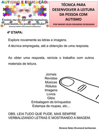 TÉCNICA PARA
DESENVOLVER A LEITURA
DA PESSOA COM
AUTISMO
POR SIMONE HELEN DRUMOND ISCHKANIAN

4ª ETAPA:

Explore novamente as letras e imagens.
A técnica empregada, até a obtenção de uma resposta.

Ao obter uma resposta, reinicie o trabalho com outros
materiais de leitura.
Jornais
Revistas
Músicas
Rótulos
Imagens
Livros
Gibis
Embalagem de brinquedos
Estampa de roupas, etc...
OBS. LEIA TUDO QUE PUDE, MAS SEMPRE
VERBALIZANDO LETRAS E MOSTRANDO A IMAGEM.
Simone Helen Drumond Ischkanian

 