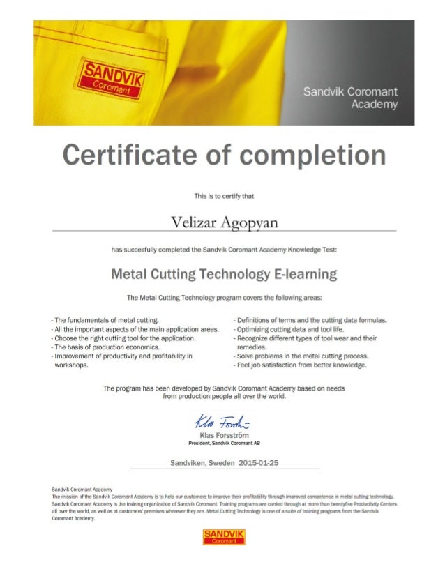 Sandvik Coromant certificate
