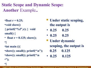Static Scope and Dynamic Scope:
Another Example..
•float r = 0.25;
•void show()
{ printf(“%f”,r); } void
small() {
• float r = 0.125; show();
•}
•int main (){
•show(); small(); printf(“n”);
•show(); small(); printf(“n
•”);
•}
 Under static scoping,
the output is
• 0.25 0.25
• 0.25 0.25
 Under dynamic
scoping, the output is
0.25 0.125
• 0.25 0.125
 