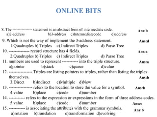 8. The --------------- statement is an abstract form of intermediate code.
a)2-address b)3-address c)Intermediatecode d)address
Ans:b
9. Which is not the way of implement the 3-address statement.
1.Quadruples b) Triples c) Indirect Triples d) Parse Tree
10. -------------- record structure has 4 fields.
2.Quadruples b) Triples c) Indirect Triples d) Parse Tree
11. numbers are used to represent ----------- into the triple structure.
a)pointer b)stack c)queue d)value
12. ---------------- Triples are listing pointers to triples, rather than listing the triples
themselves.
3.Direct b)Indirect c)Multiple d)New
13. ---------------- refers to the location to store the value for a symbol.
4.value b)place c)code d)number
14. ----------- refers to the expression or expressions in the form of three address codes.
5.value b)place c)code d)number
15. ----------- is associating the attributes with the grammar symbols.
a)rotation b)translation c)transformation d)evolving
Ans:d
Ans:a
Ans:a
Ans:b
Ans:b
Ans:c
Ans:b
ONLINE BITS
 