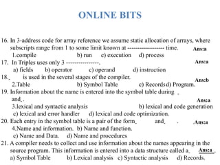 16. In 3-address code for array reference we assume static allocation of arrays, where
subscripts range from 1 to some limit known at ------------------ time.
1.compile b) run c) execution d) process
17. In Triples uses only 3 ----------------.
a) fields b) operator c) operand d) instruction
18. is used in the several stages of the compiler.
2.Table b) Symbol Table c) Recordsd) Program.
19. Information about the name is entered into the symbol table during
and .
3.lexical and syntactic analysis b) lexical and code generation
c) lexical and error handler d) lexical and code optimization.
20. Each entry in the symbol table is a pair of the form and .
4.Name and information. b) Name and function.
c) Name and Data. d) Name and procedures
21. A compiler needs to collect and use information about the names appearing in the
source program. This information is entered into a data structure called a _____.
a) Symbol Table b) Lexical analysis c) Syntactic analysis d) Records.
ONLINE BITS
Ans:a
Ans:a
Ans:b
Ans:a
.Ans:a
Ans:a
 