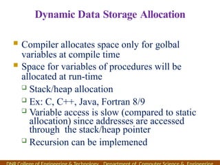 Dynamic Data Storage Allocation
 Compiler allocates space only for golbal
variables at compile time
 Space for variables of procedures will be
allocated at run-time
 Stack/heap allocation
 Ex: C, C++, Java, Fortran 8/9
 Variable access is slow (compared to static
allocation) since addresses are accessed
through the stack/heap pointer
 Recursion can be implemened
 