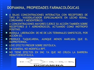 DOPAMINA, PROPIEDADES FARMACOLÓGICAS <ul><li>A BAJAS CONCENTRACIONES INTERACTÚA CON RECEPTORES DE TIPO D1, VASODILATADOR E...