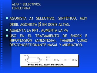 ALFA 1 SELECTIVOS: FENILEFRINA <ul><li>AGONISTA A1 SELECTIVO, SINTÉTICO. MUY DÉBIL AGONISTA    EN DOSIS ALTAS. </li></ul>...