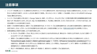 7
注意事項
• ソース データを変更しないソースに適用されたUPDATE は、ターゲットに適用されますが、対応するChange Tableには適用されません。たとえば、ソースの
列 A の UPDATE 操作で、10 から 1 より大きい値をすべて変更し、列 A のレコードの 1 つが既に 1 である場合、そのレコードの UPDATE はChange
Tableに書き込まれません。
• ソース テーブルから選択した列に加えて、Change Tableには、操作、トランザクション、タイムスタンプなど、行が表す変更に関する詳細情報を提供する特
別なヘッダー列も含まれています。これにより、SQL クエリ言語を使用して、不正検出、傾向分析、ビジネス プロセスのトリガー、ディザスタ リカバリなど、さま
ざまな変更イベントの分析を実行できます。
• 変更テーブルを使用する場合は、変更テーブルに変更を保存するか、ターゲット テーブルに変更を適用するか、または両方の変更を保存して適用するかを
決定できます。これは、レプリケーションタスクを定義するときに決定します。この設定の詳細については、「変更の設定を保存する」を参照してください。
• 変更を適用および保存する場合、以下の条件を満たします。
 ターゲットテーブルと変更テーブルは、同じエンドポイントに含まれていなければなりませんが、異なるスキーマを持つことができます。たとえば、変更テーブ
ルにはメタデータ ヘッダーが含まれます。
 変更テーブルに適用された変更は、ソース データベースの対応するトランザクションで実行された変更とまったく同じように処理されます。したがって、
Transactional apply modeまたはBatch optimized apply モードを使用して[Preserve transaction consistency]オプション
を選択すると、変更は単一のトランザクションとして処理されます。例外は、エラーが発生し、Replicateが "1 つずつ" 適用モードに切り替わり、どの
変更操作がエラーの原因かを判断する場合です。
 同じデータ列が適用され、両方とも、変更ヘッダー列を除いて、保存されている変更テーブルに追加されます。
 
