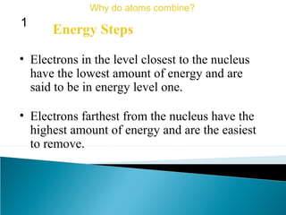 • Electrons in the level closest to the nucleus
have the lowest amount of energy and are
said to be in energy level one.
Energy Steps
Why do atoms combine?
1
• Electrons farthest from the nucleus have the
highest amount of energy and are the easiest
to remove.
 