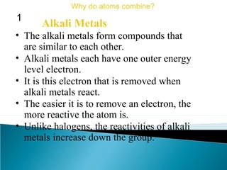 • The alkali metals form compounds that
are similar to each other.
Alkali Metals
Why do atoms combine?
1
• Alkali metals each have one outer energy
level electron.
• It is this electron that is removed when
alkali metals react.
• The easier it is to remove an electron, the
more reactive the atom is.
• Unlike halogens, the reactivities of alkali
metals increase down the group.
 