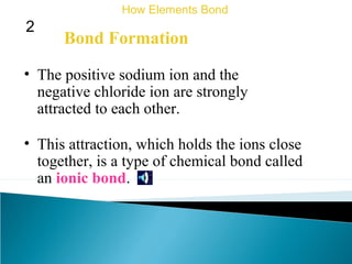 Bond Formation
• The positive sodium ion and the
negative chloride ion are strongly
attracted to each other.
How Elements Bond
2
• This attraction, which holds the ions close
together, is a type of chemical bond called
an ionic bond.
 