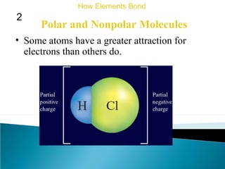 Polar and Nonpolar Molecules
• Some atoms have a greater attraction for
electrons than others do.
How Elements Bond
2
 