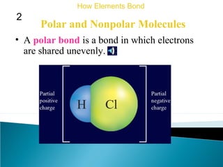 • A polar bond is a bond in which electrons
are shared unevenly.
Polar and Nonpolar Molecules
How Elements Bond
2
 