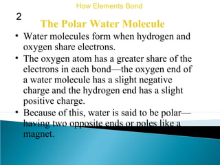 The Polar Water Molecule
• Water molecules form when hydrogen and
oxygen share electrons.
How Elements Bond
2
• The oxygen atom has a greater share of the
electrons in each bond—the oxygen end of
a water molecule has a slight negative
charge and the hydrogen end has a slight
positive charge.
• Because of this, water is said to be polar—
having two opposite ends or poles like a
magnet.
 