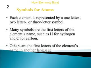 Symbols for Atoms
• Each element is represented by a one letter-,
two letter-, or three-letter symbol.
How Elements Bond
2
• Many symbols are the first letters of the
element’s name, such as H for hydrogen
and C for carbon.
• Others are the first letters of the element’s
name in another language.
 