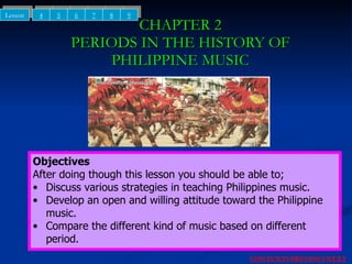 CHAPTER 2 PERIODS IN THE HISTORY OF PHILIPPINE MUSIC ,[object Object],[object Object],[object Object],[object Object],[object Object],4 5 6 Lesson NEXT CONTENTS PREVIOUS 7 8 9 