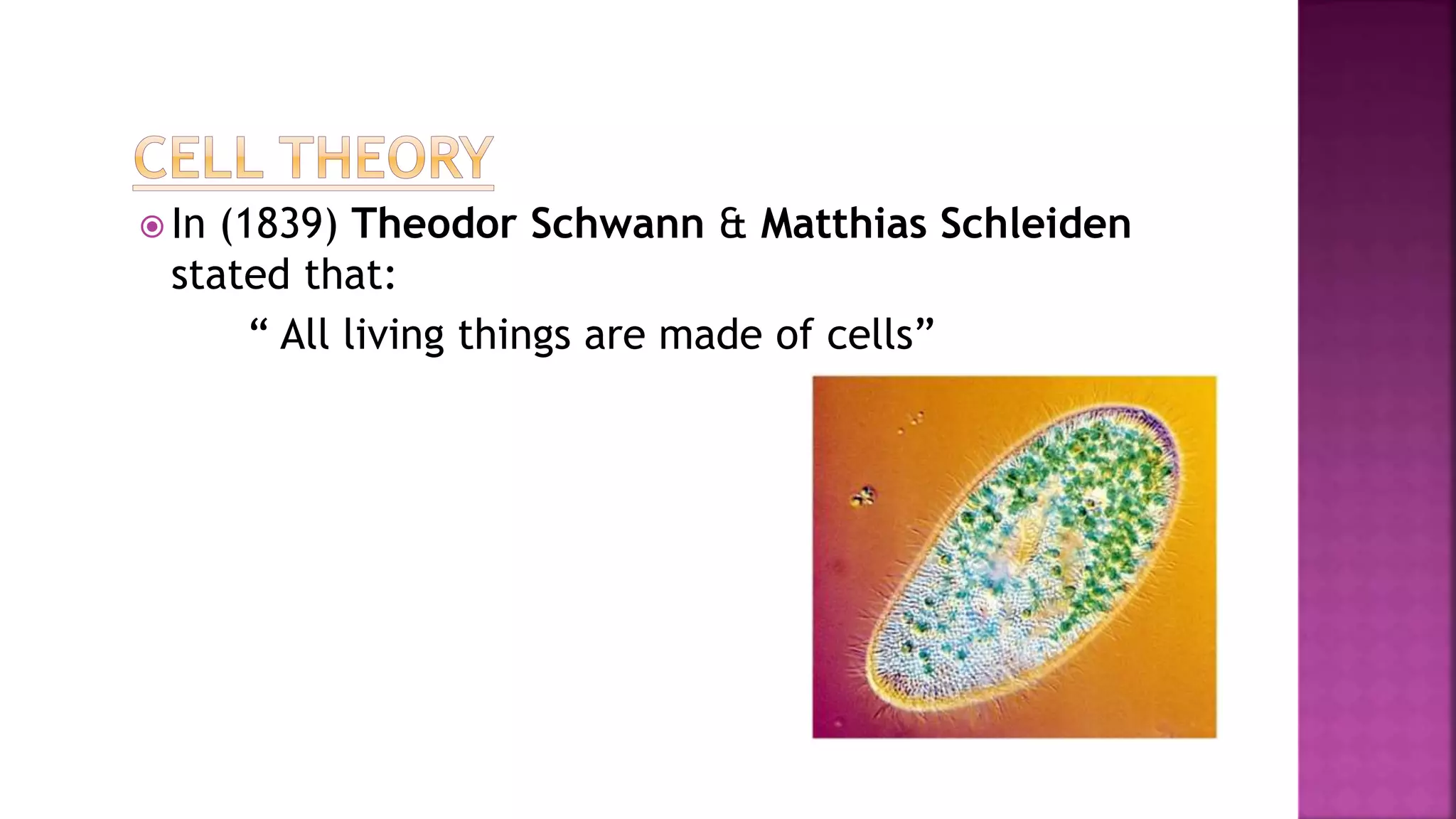  In (1839) Theodor Schwann & Matthias Schleiden
stated that:
“ All living things are made of cells”
 