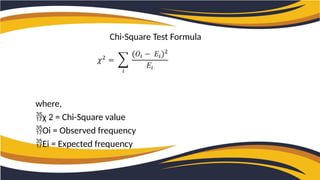 Chi-Square Test Formula
where,
χ 2 = Chi-Square value
Oi = Observed frequency
Ei = Expected frequency
 