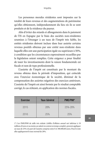 Impôts
81
Les personnes morales résidentes sont imposées sur la
totalité de leurs revenus et des augmentations de patrimoine
qu’elles obtiennent, indépendamment du lieu où ils se sont
produits et de la résidence du payeur.
Afin d’éviter des retards et allongements dans le paiement
de l’IS en Espagne par le biais des sociétés non-résidentes
soumises à l’étranger à un taux de l’impôt très faible, les
entités résidentes doivent inclure dans leur assiette certains
revenus positifs obtenus par une entité non-résidente dans
laquelle elles ont une participation égale ou supérieure à 50%,
à condition que les circonstances expressément recueillies par
la législation soient remplies. Cette exigence a pour finalité
de taxer les investissements dont la raison fondamentale est
fiscale et non de type professionnelle.
L’assiette de l’impôt est constituée par le montant du
revenu obtenu dans la période d’imposition, qui coïncide
avec l’exercice économique de la société, diminué de la
compensation des assiettes négatives des exercices antérieurs.
L’assiette de l’impôt est ainsi formée par le résultat comptable
corrigé, le cas échéant, en application des normes fiscales.
Exercise Taux Général PME/PMI*
2015 28% 25%-28%
2016 25% 25%
(*) Les PME/PMI de taille très réduite (chiffre d’affaires annuel net inférieur à 10
millions d’euros et au moins un salarié en contrat en temps complet),peuvent appliquer
un taux de 25% à la part de l’assiette comprise entre 0 et 300.000,00 euros. Pour le reste
elles appliqueront le taux normal de 28%.
 