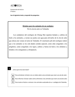 Comprensión de lectura
2º básico
Lee el siguiente texto y responde las preguntas:
¿Para qué sirve este texto?
Para entretener al lector con un relato sobre unos animales que viven una ola de calor.
Para informar al lector sobre cómo alimentan a los animales que viven una ola de calor.
Para invitar al lector a conocer a los animales acalorados de un zoológico de Tailandia.
Helados para los animales de un zoológico
Por la ola de calor en Tailandia
Los cuidadores del zoológico de Chiang Mai reparten helados y cubitos de
hielo a los animales, y rocían sus jaulas con agua para aliviarlos de la ola de calor
que afecta este verano al norte de Tailandia. El veterinario jefe del zoológico indicó
que a los animales se les está dando comida especial, como atún congelado a los
pingüinos, carne congelada a los tigres, cubitos y barras de hielo a los elefantes y
helados a los orangutanes y chimpancés.
1
A
B
C
 