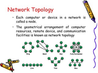 Network Topology
• Each computer or device in a network is
called a node.
• The geometrical arrangement of computer
resources, remote device, and communication
facilities is known as network topology
 