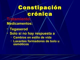 Constipación crónica Tratamiento: Medicamentos:  Tegaserod Solo si no hay respuesta a Cambios en estilo de vida  Laxantes formadores de bolo u osmóticos  
