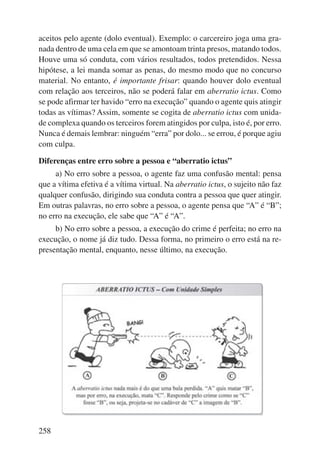 aceitos pelo agente (dolo eventual). Exemplo: o carcereiro joga uma gra-nada 
258 
dentro de uma cela em que se amontoam trinta presos, matando todos. 
Houve uma só conduta, com vários resultados, todos pretendidos. Nessa 
hipótese, a lei manda somar as penas, do mesmo modo que no concurso 
mate rial. No entanto, é importante frisar: quando houver dolo eventual 
com relação aos terceiros, não se poderá falar em aberratio ictus. Como 
se pode afirmar ter havido “erro na execução” quando o agente quis atingir 
todas as vítimas? Assim, somente se cogita de aberratio ictus com unida-de 
complexa quando os terceiros forem atingidos por culpa, isto é, por erro. 
Nunca é demais lembrar: ninguém “erra” por dolo... se errou, é porque agiu 
com culpa. 
Diferenças entre erro sobre a pessoa e “aberratio ictus” 
a) No erro sobre a pessoa, o agente faz uma confusão mental: pensa 
que a vítima efetiva é a vítima virtual. Na aberratio ictus, o sujeito não faz 
qualquer confusão, dirigindo sua conduta contra a pessoa que quer atingir. 
Em outras palavras, no erro sobre a pessoa, o agente pensa que “A” é “B”; 
no erro na execução, ele sabe que “A” é “A”. 
b) No erro sobre a pessoa, a execução do crime é perfeita; no erro na 
execução, o nome já diz tudo. Dessa forma, no primeiro o erro está na re-presentação 
mental, enquanto, nesse último, na execução. 
 
