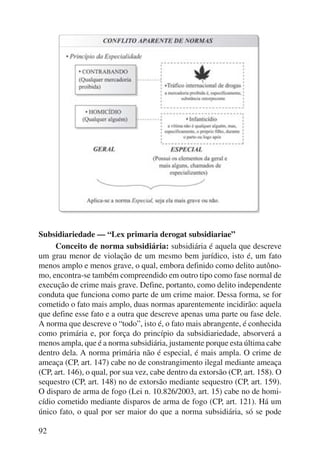 Subsidiariedade — “Lex primaria derogat subsidiariae” 
92 
Conceito de norma subsidiária: subsidiária é aquela que descreve 
um grau menor de violação de um mesmo bem jurídico, isto é, um fato 
menos amplo e menos grave, o qual, embora definido como delito autôno-mo, 
encontra-se também compreendido em outro tipo como fase normal de 
execução de crime mais grave. Define, portanto, como delito independente 
conduta que funciona como parte de um crime maior. Dessa forma, se for 
cometido o fato mais amplo, duas normas aparentemente incidirão: aquela 
que define esse fato e a outra que descreve apenas uma parte ou fase dele. 
A norma que descreve o “todo”, isto é, o fato mais abrangente, é conhecida 
como primária e, por força do princípio da subsidiariedade, absorverá a 
menos ampla, que é a norma subsidiária, justamente porque esta última cabe 
dentro dela. A norma primária não é especial, é mais ampla. O crime de 
ameaça (CP, art. 147) cabe no de constrangimento ilegal mediante ameaça 
(CP, art. 146), o qual, por sua vez, cabe dentro da extorsão (CP, art. 158). O 
sequestro (CP, art. 148) no de extorsão mediante sequestro (CP, art. 159). 
O disparo de arma de fogo (Lei n. 10.826/2003, art. 15) cabe no de homi-cídio 
cometido mediante disparos de arma de fogo (CP, art. 121). Há um 
único fato, o qual por ser maior do que a norma subsidiária, só se pode 
 