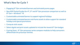 • Engaging 6th Gen animated banners and animated promo pages
• New RSP Pocket Guides for 4th, 5th and 6th Gen processor comparison as well as
6th Gen + Windows® 10
• Customizable animated banner to support regional holidays
• Customizable animated banner end-frame assets to allow support for standard
holidays and special promotions
• Compute stick assets
• Select digital and print assets updated to include the newest 6th Gen badges
• Coming Soon: 6th Gen processor series compare modules to help consumers
differentiate the processor families
What’s New for Cycle 1
5
 