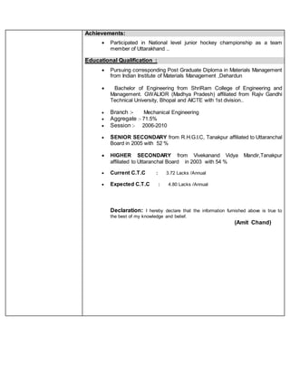 Achievements:
 Participated in National level junior hockey championship as a team
member of Uttarakhand ..
Educational Qualification :
 Pursuing corresponding Post Graduate Diploma in Materials Management
from Indian Institute of Materials Management ,Dehardun
 Bachelor of Engineering from ShriRam College of Engineering and
Management. GWALIOR (Madhya Pradesh) affiliated from Rajiv Gandhi
Technical University, Bhopal and AICTE with 1st division..
 Branch :- Mechanical Engineering
 Aggregate :- 71.5%
 Session :- 2006-2010
 SENIOR SECONDARY from R.H.G.I.C, Tanakpur affiliated to Uttaranchal
Board in 2005 with 52 %
 HIGHER SECONDARY from Vivekanand Vidya Mandir,Tanakpur
affiliated to Uttaranchal Board in 2003 with 54 %
 Current C.T.C : 3.72 Lacks /Annual
 Expected C.T.C : 4.80 Lacks /Annual
Declaration: I hereby declare that the information furnished above is true to
the best of my knowledge and belief.
(Amit Chand)
 