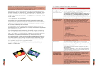 3736
1.16 Health needs/gaps and strategies
Health needs/gaps Strategies
Providing dental services
for Aboriginal and Torres
Strait Islander peoples
The NSLHD AHS to work in partnership with NSLHD Oral Health to
develop a dental plan that can assist all Aboriginal and Torres Strait
Islander peoples in NSLHD pay for oral health care.
Evaluate existing oral health education programs in other LHDs for
their success and look at implementing them to fit in with NSLHD.
Build a stronger partnership with NSLHD Oral Health so we can
develop programs that benefit Aboriginal and Torres Strait Islander
peoples and help us remain the “Leaders In Healthcare”.
Men’s Health (culturally
appropriate services)
The NSLHD AHS to Develop and implement a men’s health check
day, set up a partnership with several key departments, Cancer
Council, Clinic 16, Mental Health, Drug and Alcohol, Diabetes,
Medicare Locals, Headspace and Primary and Community Health to
assist us in screening procedures for:
-	 Testicular cancer
-	 Skin cancers such as melanoma
-	 Sexual health
-	 Mental health (SEWB)
-	Diabetes
-	 Bowel and prostate cancer
-	 Heart disease
-	Hypertension
-	 Drug and alcohol issues
Develop culturally appropriate health education programs
specifically for Aboriginal and Torres Strait Islander men’s health
issues.
The development and implementation of a culturally appropriate
and sensitive SEWB assessment tool.
Transportation The AHS to implement a NSLHD Aboriginal and Torres Strait
Islander transport service. Work with other key stakeholders such
as Medicare Locals, Wangary, Community Wheels and Lower North
Shore Community transport.
Discuss options of volunteer transport driver which may lead to
part time position.
Work with key stakeholders to discuss plan for set appointments
so the transport driver can work to a basic time/date system, this
will ensure a streamline transport service.
Collection of data of
Aboriginal and Torres
Strait Islander peoples
NSLHD AHS to work with key stakeholders to address the issue of
medical practices and other health services to correctly identify
Aboriginal and Torres Strait Islander patients.
NSLHD AHS to work with each hospital department in NSLHD to
help educate on the importance of correctly identifying Aboriginal
and Torres Strait Islander patients.
Develop an education resource that the NSLHD AHS can distribute
at orientation programs for NSLHD.
NSLHD AHS to design a presentation for orientation highlighting
the importance of collecting data on Aboriginal and Torres Strait
Islander peoples.
Post Natal: How culturally inclusive is the maternity ward environments
Communication and organisational characteristics: How does the Maternity Unit support staff
to work effectively with Aboriginal and Torres Strait Islander families
By developing and implementing a Maternity service that is culturally safe and culturally
appropriate the NSLHD AHS has ensured that Aboriginal and Torres Strait Islander women,
their babies and family are provided with the best possible health care which in turn will
provide the best possible health outcomes for Aboriginal and Torres Strait Islander mothers
and their children.
1.15 Evaluation of programs
Previously youth, men’s and women’s health promotion and education programs have
been implemented by other agencies and LHDs, but in order for us to continue or develop
programs that work for Aboriginal and Torres Strait Islander peoples we need to evaluate
past and present programs for their effectiveness.
Formative evaluation methods including impact and outcomes evaluation methods will
monitor programs once they are developed and in progress. Other evaluative methodologies
will be implemented as necessary.
During the implementation of new programs we can undertake a process evaluation. This
can be done with participants in programs and allow us to collect information at the early
stages of each program. This evaluation process will give us information about quality and
appropriateness and also give us the chance to see how satisfied participants are.
We can validate proposed strategies by implementing culturally appropriate interventions
across NSLHD facilities as well as improving Aboriginal and Torres Strait Islander peoples
access to mainstream services such as GP’s and other specialist services as listed in the
NSLHD Aboriginal Health Services Plan 2013-2016 strategies.
This Needs Analysis will be a document that we can continue to make additions and
evaluate on an ongoing basis.
 