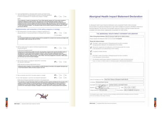 45
NSW Health Aboriginal Health Impact Statement Checklist
8. Are the identified effects on Aboriginal health outcomes and health services
sufficiently different for Aboriginal people (compared to the general population)
to warrant the development of a separate policy, program or strategy? Yes No N/A
Explain
Implementation and evaluation of the policy, program or strategy
9. Will implementation of the policy, program or strategy be supported by an
adequate allocation of resources specifically for its Aboriginal health aspects? Yes No N/A
To be advised
Describe
10. Will the initiative build the capacity of Aboriginal people/organisations
through participation? Yes No N/A
In what way will capacity be built?
11. Will the policy, program or strategy be implemented in partnership
Yes No N/Awith Aboriginal stakeholders?
Briefly describe the intended implementation process
12. Does an evaluation plan exist for this policy, program or strategy? Yes No N/A
13. Has it been developed in conjunction with Aboriginal stakeholders? Yes No N/A
Briefly describe Aboriginal stakeholder involvement in the evaluation plan

The complexity of needs for Aboriginal and Torres Strait Islander peoples and communities presents a
significant challenge to health services. Aboriginal and Torres Strait Islander peoples continue to
experience levels of chronic disease and distress that are to high. Aboriginal and Torres Strait Islander
peoples have poor physical health and Social and Emotional Wellbeing compared with non-Aboriginal and
Torres Strait Islander peoples. The Aboriginal Health Service Needs Analysis will address gaps in health
and service delivery.

The Aboriginal Health Service Needs Analysis will be evaluated for its impact and outcomes and aligns with
the Aboriginal Health Services Plan 2013-2016

Designing and implementing health promotion and education programs that meet the identified needs of
Aboriginal and Torres Strait Islander peoples in NSLHD, which will include collaborative planning,
development, implementation and evaluation of health promotion policies and projects using a variety of
strategies which include, health education, mass media, community engagement, advocacy, health policy
and structural and environmental strategies.

Utilising the above initiative it will be possible to enable Aboriginal ownership of all targeted Aboriginal and
Torres Strait Islander health promotion projects over time.


The evaluation of any/all Aboriginal Health and health promotion projects will determine the success of the
projects, provide evidence for continued projects and influence funding bodies for future investment in
Aboriginal and Torres Strait Islander health projects. The Aboriginal Health Service will design impact,
outcome and meta-analysis evaluation strategies to evaluate new and/or existing projects and programs.
44
 